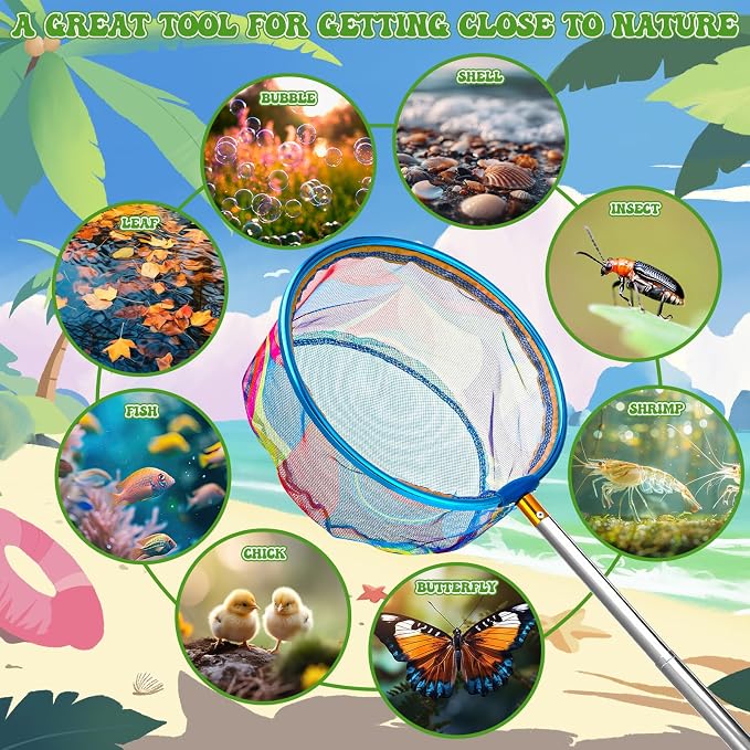 2 Pack Telescopic Kids Fishing Net with Handle, 2 Collapsible Bucket Sand Pail, Stainless Steel Foldable Fishing Net Small Fishing Butterfly Bug Net Beach Shovel with Storage Bag