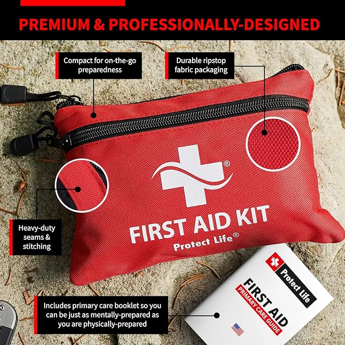Protect Life Doctor Developed Mini First Aid Kit, 100 Piece Waterproof Emergency Kit for Car, Boat, Camping & Travel, Includes Emergency Blanket, Tourniquet & First Aid Guide