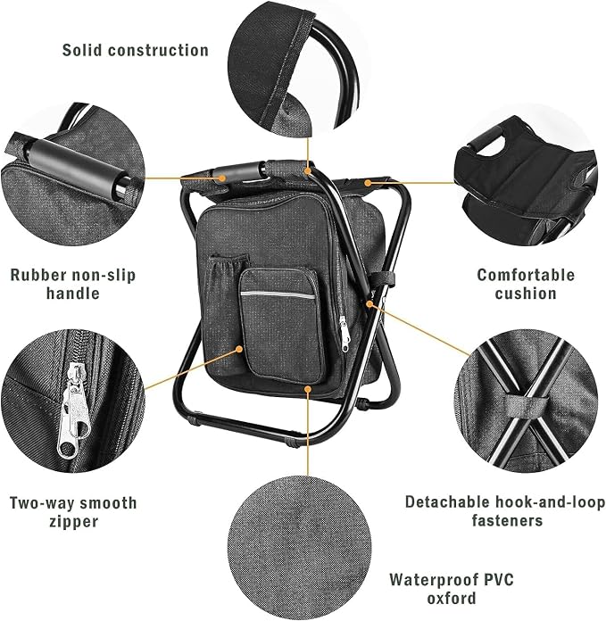 Kikerike Backpack Stool Cooler Chair Heavy Duty 300 LBS Max Load Portable Lightweight Folding Fishing Cooler for Camping Hunting Fishing - Black