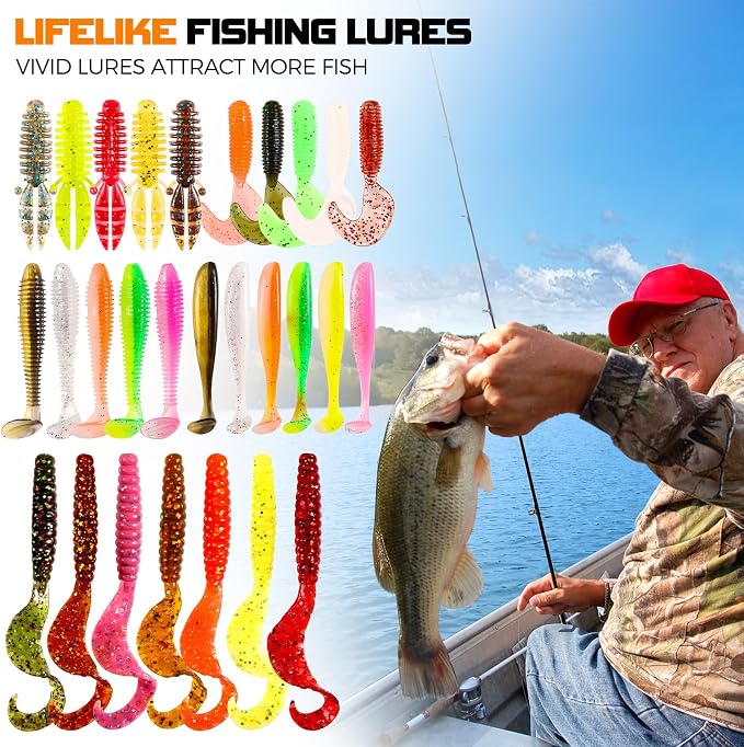 PLUSINNO Fishing Lures, 108PCS Tackle Box with Tackle Included Paddle Tail Swimbaits, Soft Worm Lures, Crappie Jigs Heads, Fishing Gear Bait Lure Kit Gifts for Men Trout Bass Freshwater