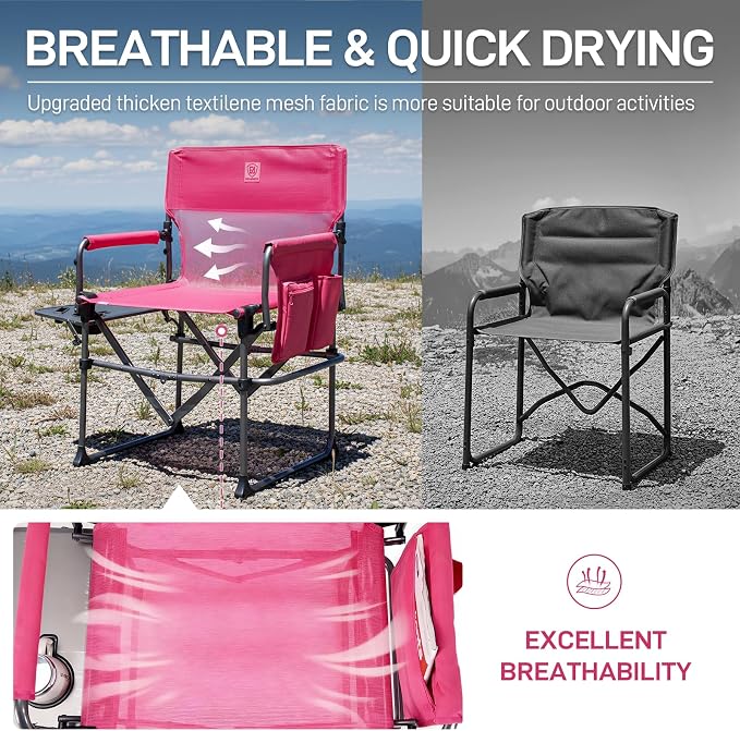 EVER ADVANCED Camping Directors' Chair with Side Table, Portable Folding with Compact Size, Breathable & Quick Dry Design Heavy Duty Lawn Chair with Pocket, 400lbs, Textilene Mesh, Pink