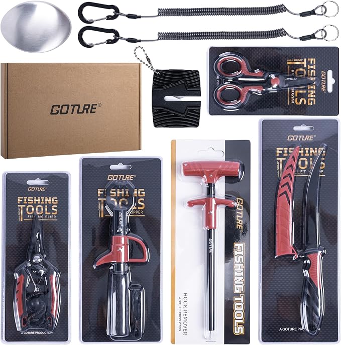 Goture Fishing Tool Kit,Fishing Pliers,Fillet Knife with Sheath,Fish Lip Gripper,Fish Hook Remover,Lanyard,Line Scissors,Sharpener,Stainless Steel Soap,Saltwater Gear Kit,Red/Pink,Gifts for Men/Women