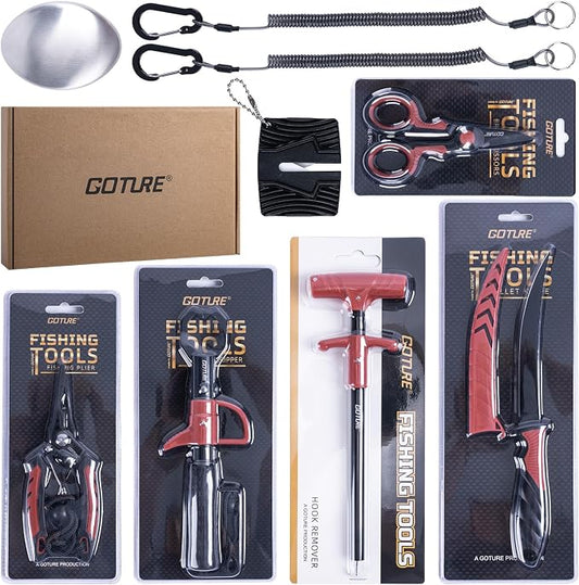 Goture Fishing Tool Kit,Fishing Pliers,Fillet Knife with Sheath,Fish Lip Gripper,Fish Hook Remover,Lanyard,Line Scissors,Sharpener,Stainless Steel Soap,Saltwater Gear Kit,Red/Pink,Gifts for Men/Women