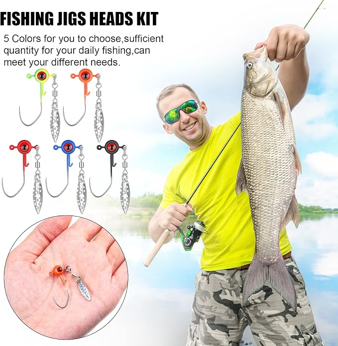 Skylety Crappie Jig Heads Kit Fishing Underspin Jig Heads Hook Lure with Eye Ball and Spinner Blade 1/16 oz Head Jigs for Saltwater & Freshwater
