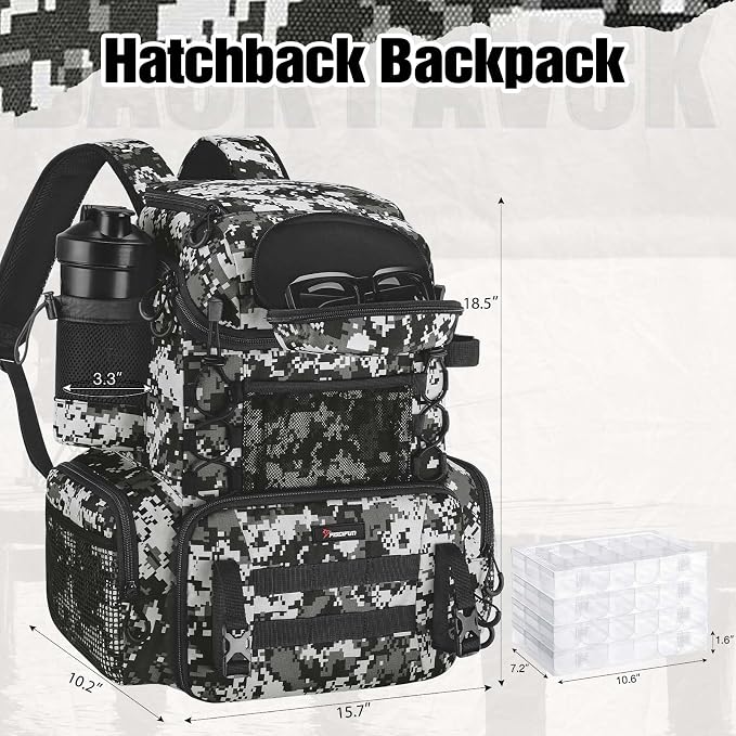Piscifun Fishing Tackle Backpack with Rod Holders & 4 Tackle Boxes, 42L Outdoor Fishing Bag with Waterproof Rain Cover