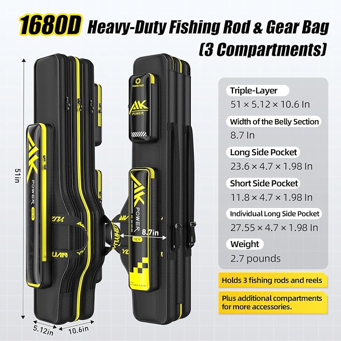 Fishing Rod Case Triple-Layer 1680D Heavyweight Oxford Fishing Pole Case & Bag Wire-Reinforced Non-Deforming Frame Quick-Access Compartments Anti-Sag Structure Fishing Rod Bag Fishing Gift for Men