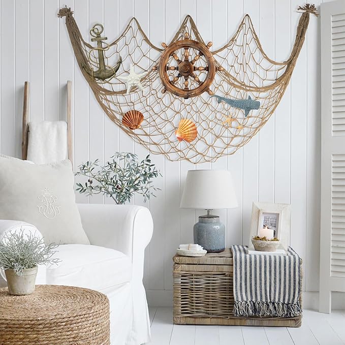 10x5 Feet X-Large Fishing Net Decor for Party - 2 Pack Brown Fish Net Decorations Under The Sea Hawaiian Pirate Beach Party Decorations, 3mm Cotton Fishnet Ocean Nautical Themed Wall Table Decor