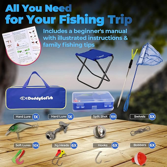 DaddyGoFish Kids Fishing Pole - Rod Reel Combo Tackle Box Starter Set - First Year Small Dock Gear Kit for Boys Girls Toddler Youth Age Beginner Little Children Junior Anglers