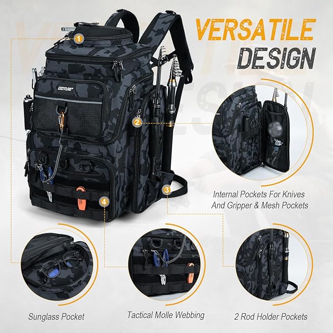 Goture Fishing Backpack with 4 Tackle Boxes, 900D Water-Resistant Tackle Backpack with Rod Holders,Insulated Cooler Compartment, 55L Large Capacity Fishing Gear Storage Bag for Saltwater & Freshwater