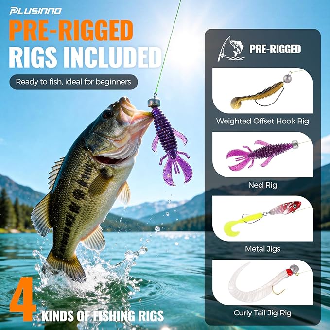 PLUSINNO Bass Fishing Lures - 307PCS Professional Bass Fishing Kit with 6 Pre-Rigged Rigs, All Water Depths Fishing Tackle Box Kit, Fishing Gear Lure Kit Gift for Men Freshwater Bass Trout Walleye