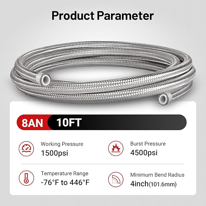 EVIL ENERGY 8AN PTFE Fuel Hose Line, AN8 Fuel Line E85 Stainless Steel Braided 10FT Silver