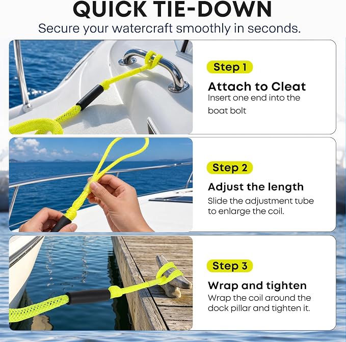 Boat Bungee Dock Lines, Scratch-Free Loop Ends Mooring Rope, Shock Absorbing Pontoon Tie Down Accessories Compatible with Models for Jet Ski（6ft-2 Pack-Yellow）