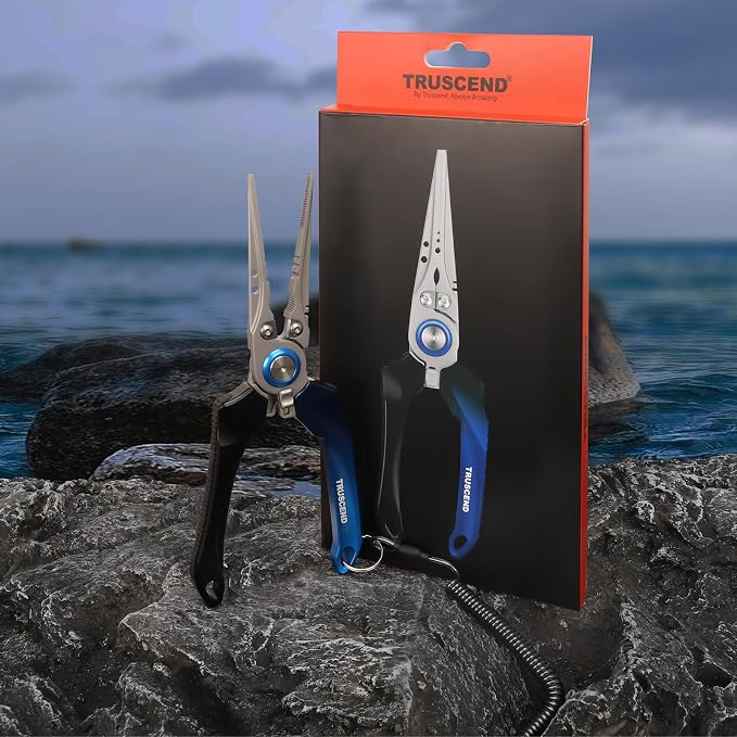 TRUSCEND Easy Use Lockable Fishing Pliers with Tungsten Carbide Cutter, Innovative Ergonomic Handy Handle, Saltwater Corrosion Resistant Teflon Coated Fishing Tool, Light Multi-Function Fishing Gear