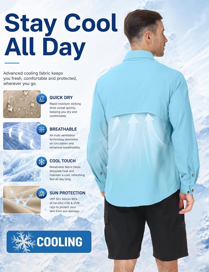 Roadbox Men's Sun Protection Fishing Shirt, Long Sleeve Cool Dry Lightweight UPF 50+ Shirts for Hiking Safari Camping Travel