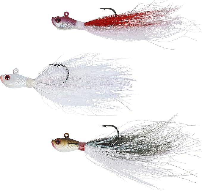 Bucktail Jigs 3 Pack – Hand-Tied Bucktail Hair Fishing Lures | Unique Gliding Head | Saltwater & Freshwater | Striper, Bass, Flounder, Walleye, Fluke | Multiple Weights Available