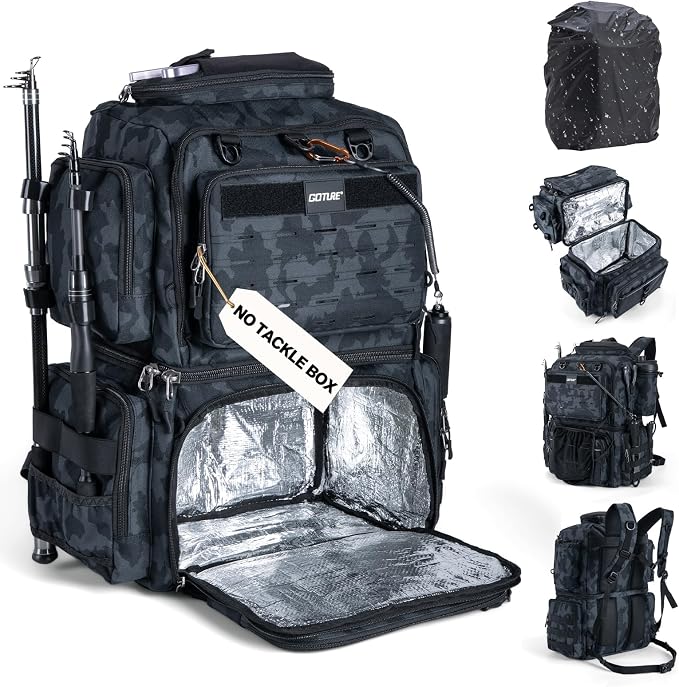 Goture Fishing Backpack, 53L 600D Water-Resistant Insulated Tackle Backpack with Cooler, Rod Holders, 8 Lure Pockets, Rain Cover, Gear Storage Large Fishing Bag for Camping Hiking(Without Tackle Box)