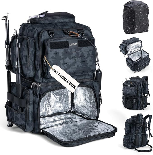Goture Fishing Backpack, 53L 600D Water-Resistant Insulated Tackle Backpack with Cooler, Rod Holders, 8 Lure Pockets, Rain Cover, Gear Storage Large Fishing Bag for Camping Hiking(Without Tackle Box)