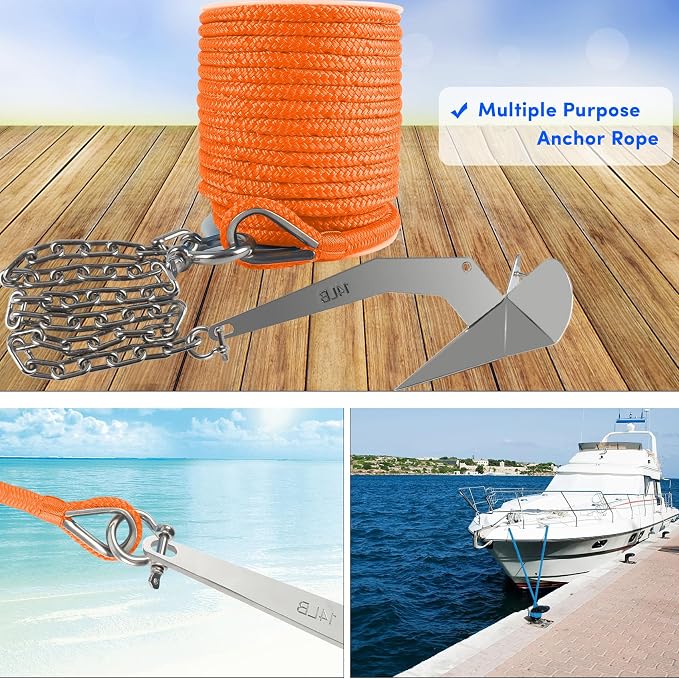 Boat Anchor Rope 100 ft x 3/8 inch Orange, Double Braided Anchor Line with Stainless Steel Thimble & Shackle, Marine Rope Ideal for Towing,Mooring,Decks,Anchoring,for Boats Up to 27'