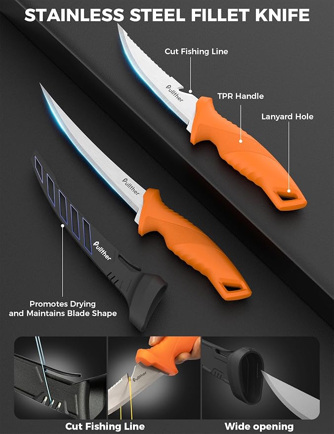 5PC Fishing Tool Kit - Fillet Knife, 2PC Fishing Pliers,Fishing Braid Scissors and Fish Lip Gripper, Fishing Gear for Fly Fishing, Ice Fishing