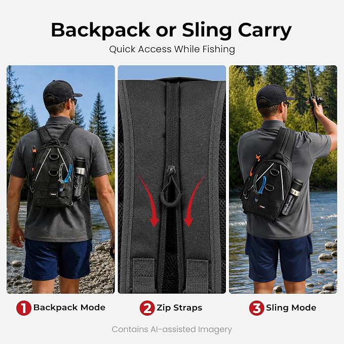 Piscifun Fishing Backpack with Rod Holder, Lightweight Sling Bag Storge Gear and Equipment