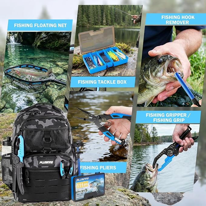 PLUSINNO Fishing Backpack with Fishing Gear Fishing Net, Waterproof Tackle Backpack with Rod Holders, Tackle Box, Lures, Tools, Pliers & Accessories, Fish Gifts for Men