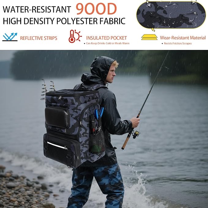 Fishing Backpack with Rod Holder and Tackle Boxes, Cooler, Large 50L Fishing Gear Bag with 139 Fishing Lures Kit, Fish Tool Set, Fish Gifts for Men Woman-Camo Backpack