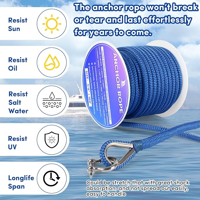Boat Anchor Rope 100 ft x 3/8 inch Sky Blue, Double Braided Anchor Line with Stainless Steel Thimble & Shackle, Marine Rope Ideal for Towing,Mooring,Decks,Anchoring,for Boats Up to 27'
