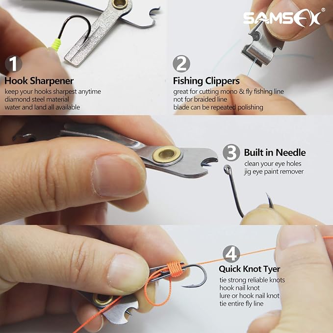 SAMSFX Locking Fishing Pliers Saltwater Resistant Teflon Coated Briad Line Cutters with Wire Coiled Lanyard, Sheath & Quick Knot Tool Combo