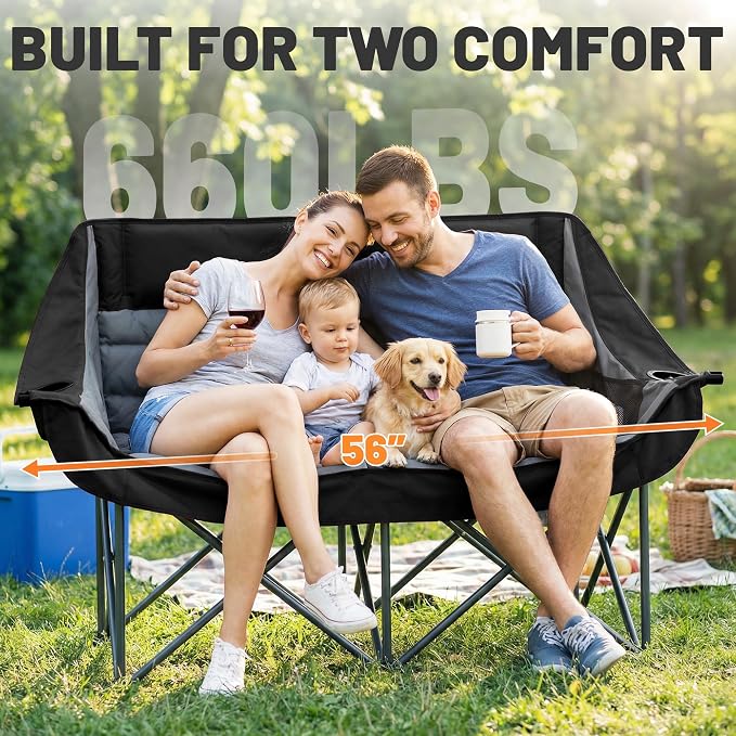 Youtanic Oversized Extra Large Double Padded Camping Chair up to 660lbs, Folding Loveseat Camp Couch with Pocket, Carry Bag, Portable Camping Chairs for Adults, Fishing, Sports, Trip, Black