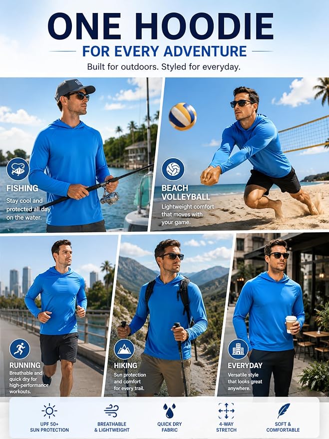 ZITY 3 Pack Men's Sun Protection Hoodie Shirt Fishing Shirts for Men UPF 50+ Long Sleeve Shirt Lightweight Rash Guard