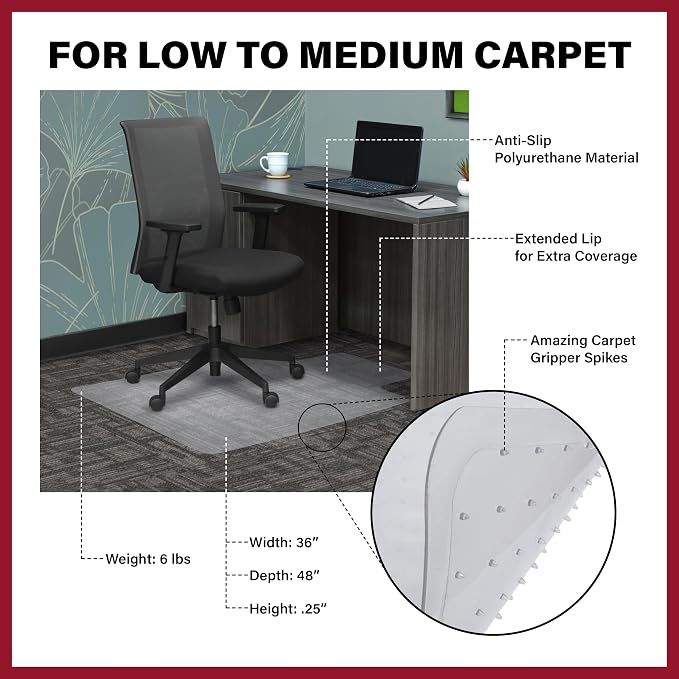 Romig Clear Carpet Office Chair Mat (36×48″) – Anti-Slip Gripper Surface with Lip, Durable 2.2 mm Desk Chair Floor Protector