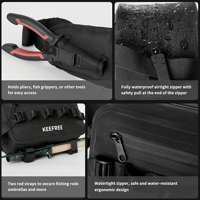 Waterproof Waist Bag with Fishing Rod Holder, Fanny Pack with Airtight Zipper Closure Multi-functional Lightweight Tackle Bag for Fly Fishing Outdoor Sports Camping Kayaking (Black)
