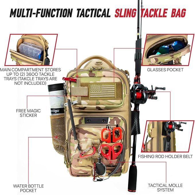 Fishing Sling Bag with Tackle Box, MOLLE System Fishing Backpack with Fishing Lures Kit, Fish Hook Remover Tool, Fish Lip Gripper, Fishing Plier & Accessories, Fishing Gear Gift for Men, Khaki