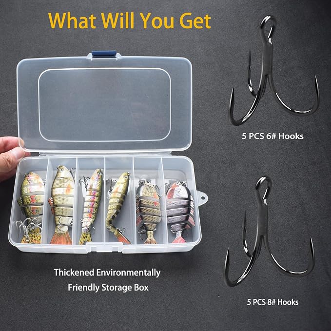 6 Pcs Fishing Lure Set with Durable Hard Plastic Tackle Box | Bass Trout Saltwater Freshwater Fishing Lures | Slow Sinking Lifelike Jointed Swimbait for Beginner & Pro Anglers