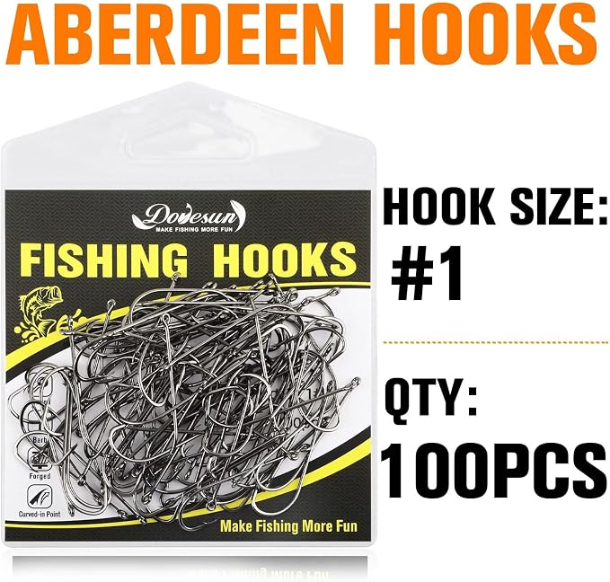 Dovesun Fishing Hooks Freshwater Aberdeen Fishing Hooks 100Pcs Long Shank High-Carbon Steel Worm Hooks Small Bass Trout Crappie 12# 10# 8# 6# 4# 2# 1# 1/0 2/0