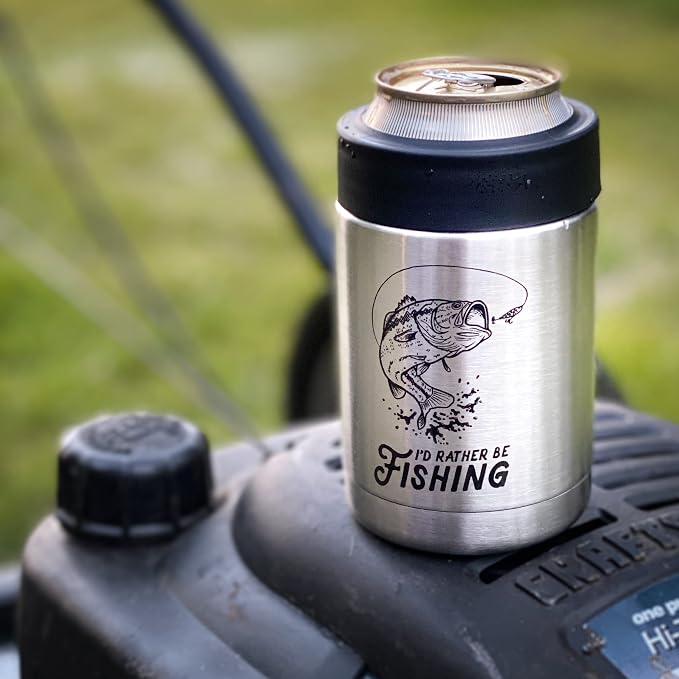 "I'd Rather Be Fishing" Insulated Stainless Steel Can Cooler for Cans + Bottles - great dad birthday gift, fishing gear idea, unique bass pro boat accessory, coolie gift for men, mystery box or prize