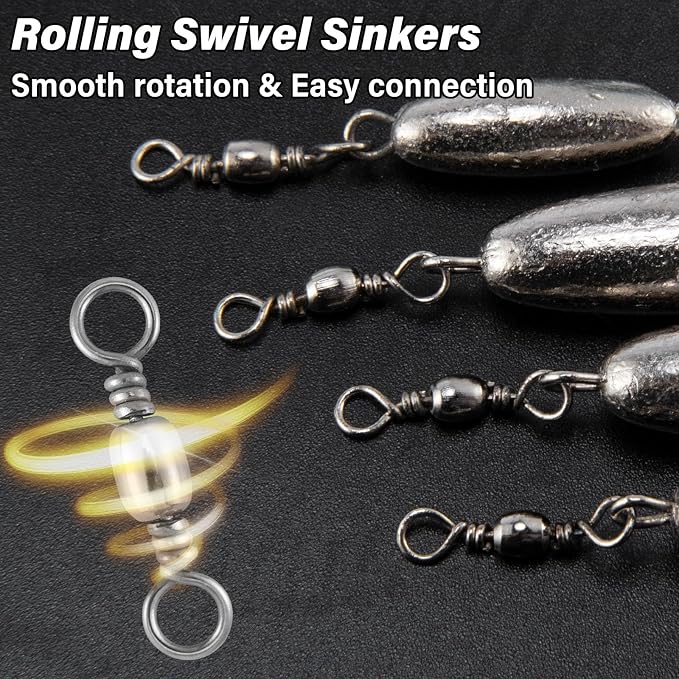 Dr.Fish 10 Pack in-line Trolling Sinkers with Swivel Torpedo Weight Lead Fishing Sinkers Double Ring Saltwater Freshwater Salmon Walleye Trolling