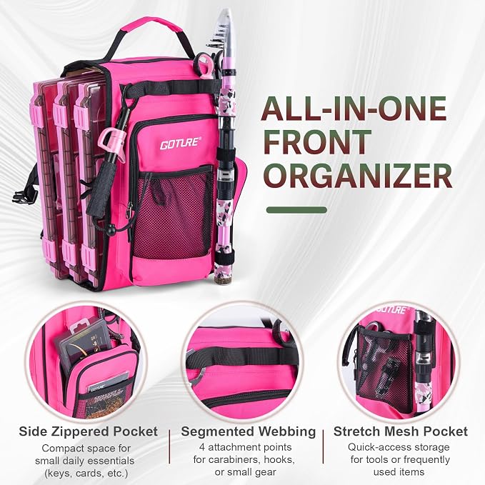 Goture OpenSide Tactical Sling Tackle Bag with Pink Fishing Rod and 3 Tackle Trays, 8FT Fishing Rod and Reel Combo, Lightweight Fishing Backpack Storge Fishing Gear Gift for women