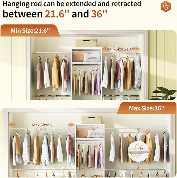 79"H Closet System, 2-8.2FT Metal Closet Organizer with 4 Expandable Hanging Rods, Walk In Closet Organizers and Storage, Clothes Closet with 5 Hanging Zones, 2 Drawers, 2 Shelving Towers