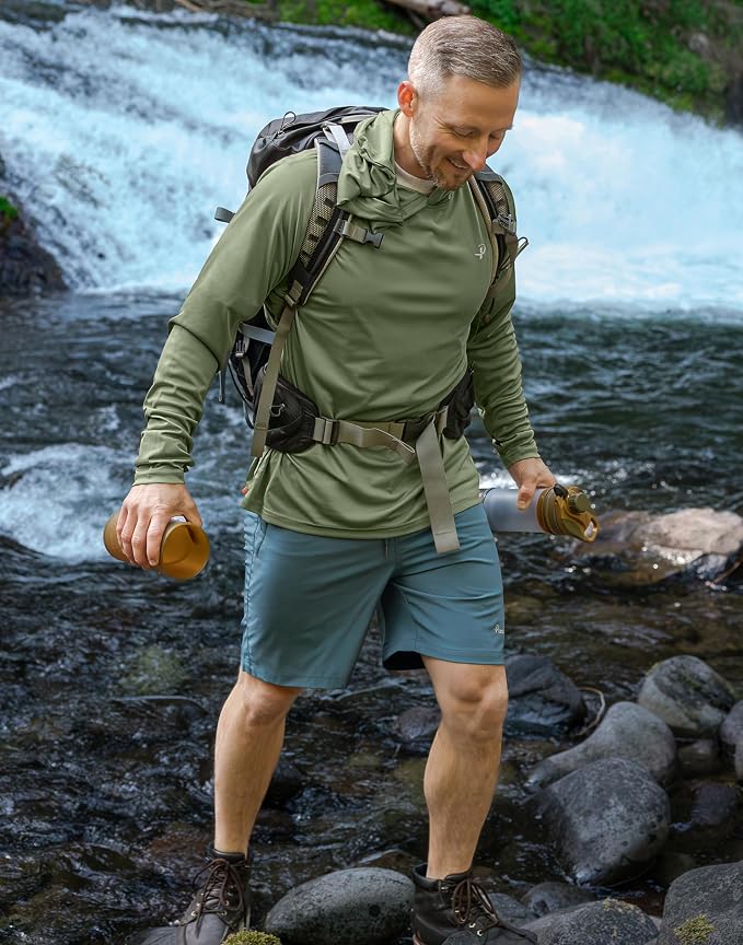 Pudolla Men's Sun Protection Hoodie Shirts UPF 50+ Rash Guard SPF Long Sleeve Fishing Shirt for Men Swim Hiking Boating