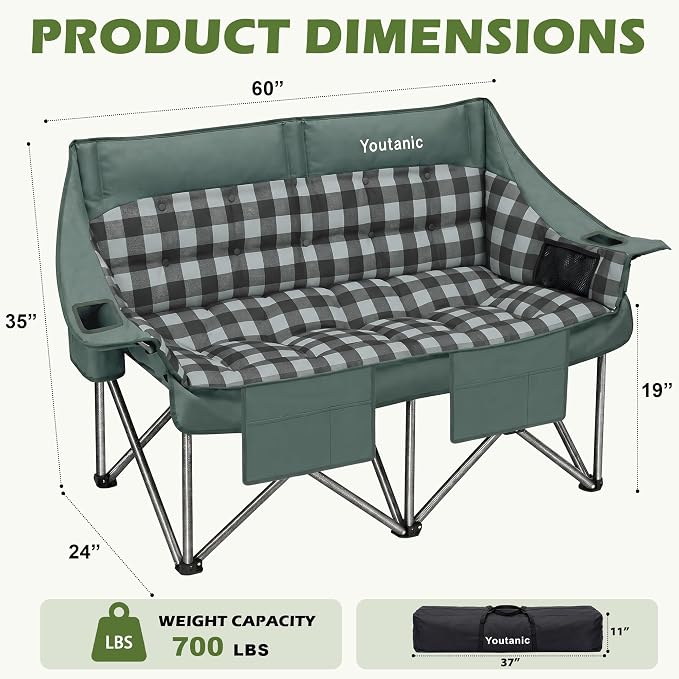 Youtanic 60" Extra Double Camping Chair, 700lbs Heavy Duty Padded Loveseat for Adults, Oversized 2 Person Folding Camp Couch with Dual Cup Holders, Portable Plaid Lawn Chair for Outside, Sports, Gray