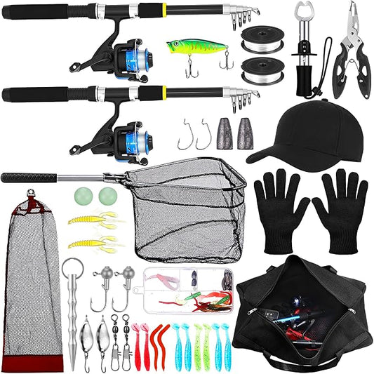 Telescopic Fishing Rod and Reel Combo 2 Pcs Collapsible Fishing Pole Kit with Plier Lip Gripper Lures Carrier Bag Pre-Loaded Spinning Reel for Beginner Men Travel Saltwater Freshwater