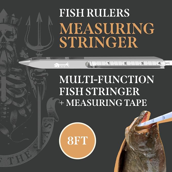 the Ultimate Measuring Fish Stringer with First-Ever Built-in Tape Measure - Trout & Crappie Measuring Device - Ideal Fishing Equipment & Gear for Kayak or Spearfishing Stringer (8ft)