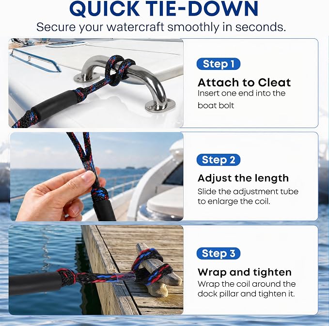 Boat Bungee Dock Lines, Scratch-Free Loop Ends Mooring Rope, Shock Absorbing Pontoon Tie Down Accessories Compatible with Models for Jet Ski（3ft-2 Pack-Red&Black&Blue）
