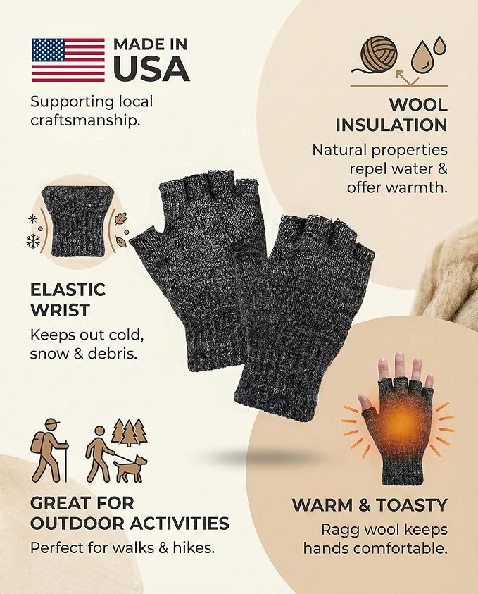 Fingerless Ragg Wool Gloves Made in the USA