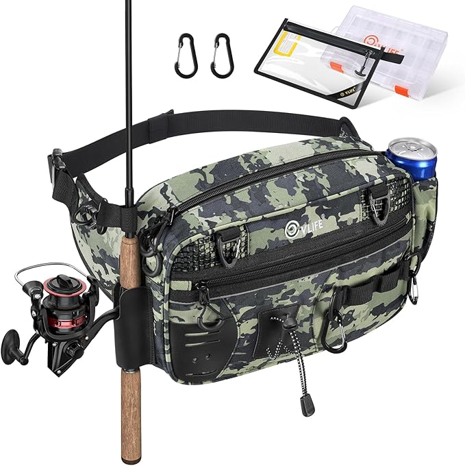 CVLIFE Fishing Tackle Bag Waist Pack with Rod Holder, Water Resistant Fanny Pack Includes 3600 Tackle Box, Waterproof Pouch & Carabiners, Convertible Sling Bag with Net Holster for Gear