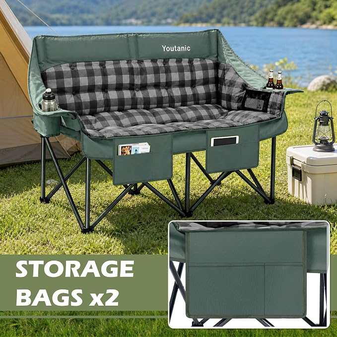 Youtanic Double Camping Chair, Heavy Duty 650lbs Padded Loveseat for Adults, Folding 2 Person Camp Couch with Cup Holder & Carry Bag, Wide Plaid Portable Lawn Seat for Outdoor Beach Sports, Gray