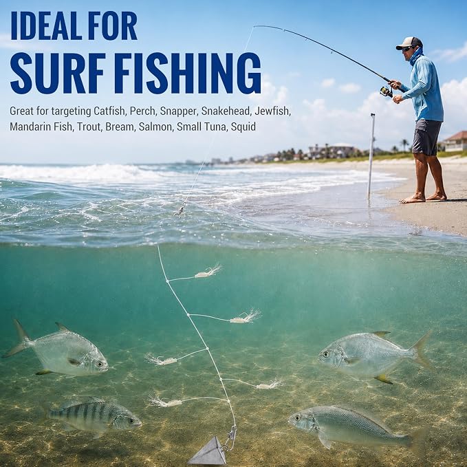 Shrimp Fishing Bait Rigs Kit, 10 Packs Saltwater Surf Fishing Rigs with 5 String Hooks Glow Soft Shrimp Lures Swivel Snap Shrimp Lure Rig for Mackerel Herring Baitfish