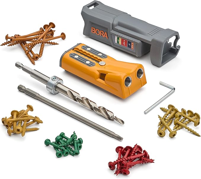 BORA Pro Compact Metal Pocket Hole Jig & 50pc Screw Set, Auto Adjusting Drill Guide, Durable Pocket Hole Jig Kit for Woodworking & Tight Spaces - For Materials 1/2 inch to 1 1/2 inch Thick