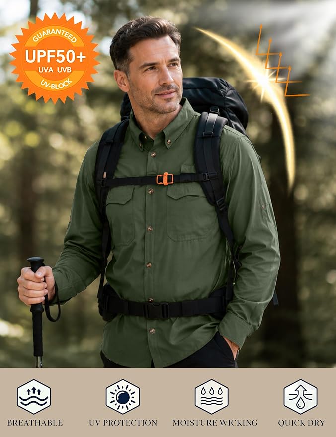Roadbox Men's Sun Protection Fishing Shirt, Long Sleeve Cool Dry Lightweight UPF 50+ Shirts for Hiking Safari Camping Travel